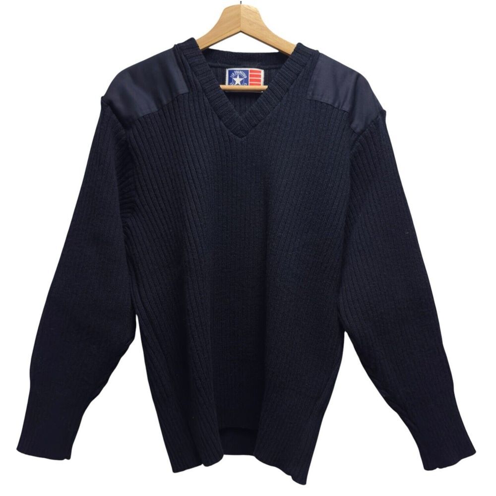 San Franciso Knitting Mills Vtg Men's XL V-Neck Navy Blue‎ Wool Knit Sweater euc
